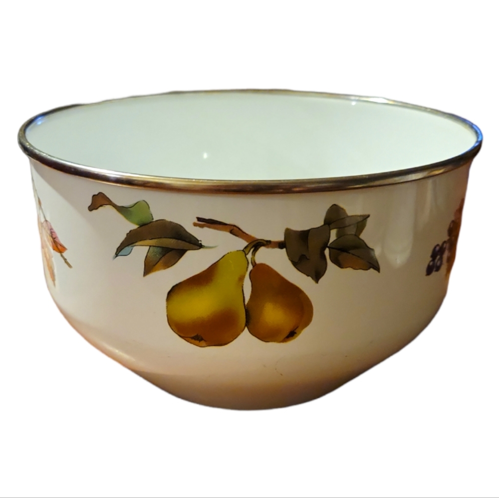 Vtg Tabletops Unlimited Vitroceramic Brass Rim Bowl Dish Enamal Fruit